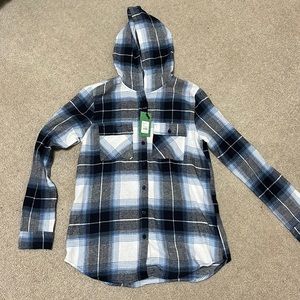 Blue and white hooded plaid button up shirt